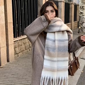 TEMU 여성용 겨울 스카프 - 레트로 플리스 안감 방풍 보온, 부드러운 100% 폴리에스터 카키 & 화이트 캐주얼 패션 액세서리