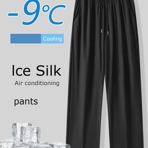 TEMU 남성용 여름 냉각 아이 슬리키 섬유 소재 블랙 레그 캐주얼 바지, 신축성 있는 허리밴드와 드로스트링, 슬랜트 포켓, 통기성 및 수분 흡수, 가벼운 다기능 디자인, 러닝, 캐주얼 웨어 및 야외 활동용 - 솔리드 블랙, 스포츠 바지, 편안한 핏, 퀵 드라이 소재