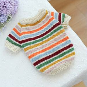 TEMU 작은 개와 고양이용 편안한 줄무늬 무지개 스웨터 - 통기성이 좋은 니트 풀오버, 프릴 칼라, 베이지 및 컬러풀한 줄무늬, 실내 및 실외 사용에 적합, 개 스웨터, 실내 애완동물 의류, 재미있는 애완동물 디자인, 부드러운 애완동물 원단