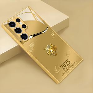 TEMU 갤럭시 S20/S20 FE/S20+/S20 프로/S20 울트라/S21 5G/S21 울트라 5G/S21+ 5G/S22 5G/S22+ 5G/S22 울트라 5G/S23/S23 프로/S23+/S23 울트라/S24/S24 플러스/S24 울트라/S25/S25 플러스/S25 울트라 호환, 골든 타이거 헤드 패턴, 창의적 패션 고급형 방탄 보호 케이스