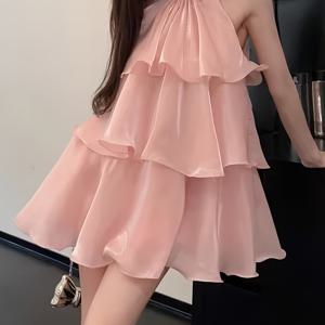 TEMU 세련된 어깨 노출 러플 미니 드레스 - 달콤한 숲 스타일, 베이지, 소매 없는, 루즈핏, 폴리에스터, 봄/여름/가을에 완벽한, 성인 여성 패션, 캐주얼한 의상|러플 디테일|폴리에스터 소재