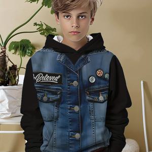 TEMU 남아용 창의적인 모사 데님 패턴 3D 프린트 후디, 패션과 트렌디한 스타일, 2025 가을 캐주얼 편안한 긴팔 스웨트셔츠, 일상, 야외, 스포츠 의류용, 청소년용 정규 핏