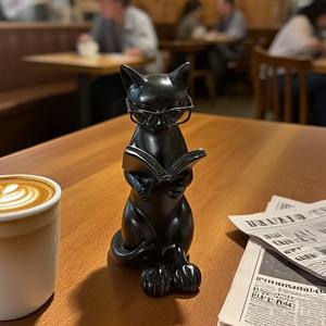 TEMU 1pc 블랙 레진 독서 고양이 조각품 - 빈티지 애니메이션 테마 컬렉터블 스타투스, 안경 및 책, 고품질 홈 데코, 고양이 팬을 위한 완벽한 크리스마스 선물, 고양이 조각품, 실내 장식, 상상력 있는 디자인, 세부 조작