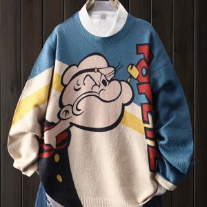 TEMU 파란색과 살구색 컬러 블록 패턴의 팝아이 레드 글자 풀오버, 여성용 캐주얼 라운드넥 긴팔 티셔츠