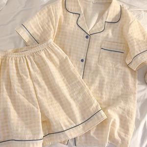 TEMU NM 여름 파자마 세트: 반팔 체크 무늬 가운과 귀여운 라운지웨어 투피스, 플러스 사이즈 여성용 파자마 세트, 플란넬 파자마, 편안한 잠옷, 캐주얼 라운지웨어, V넥 슬립웨어, 가벼운 소재, 여성 수면복, 반팔 파자마, 레이디스 나이트웨어