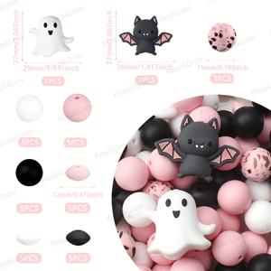 TEMU 35pcs 3D 할로윈 테마 실리콘 비즈 세트 15mm 유령 박수 핑크 색 포컬 비즈 키체인 보석 만들기 크래프트 DIY 펜 비즈 액세서리 비즈 및 비즈 정렬