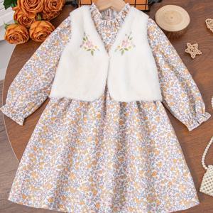 TEMU 여아용 패션 레이스 칼라 플로럴 드레스 자수 V넥 퍼프 슬리브 투피스 세트, 야외용