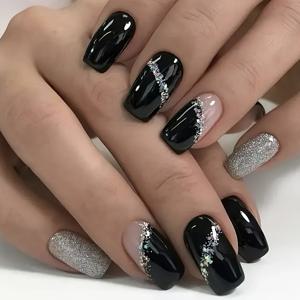 TEMU 24개입 스퀘어 네일 블랙 시리즈 핫 스타일 슬랜티드 프렌치 스타일 반짝이는 광택 풀커버 프레스온 손톱, 데일리 웨어 및 페스티벌 네일 아트 장식에 완벽, 프레스 온 네일,내구성 있는 프레셔,쉬운 적용,스티콘 네일,장식용 못,뷰티 시커스,파티 참석자들