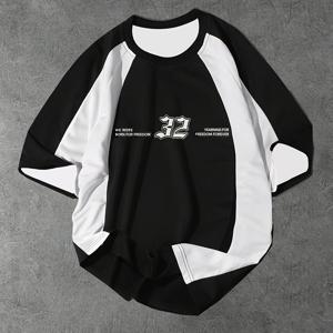 TEMU 남성용 블랙 & 화이트 대비 티셔츠 - 볼드 '32' 넘버 디자인, 통기성 레귤러 핏 데일리 & 포멀 웨어 - 세탁기 사용 가능 캐주얼 상의, 청소년 및 성인 선물, 아웃도어 활동 셔츠, 스포티 룩, 내구성 있는 편안한 소재