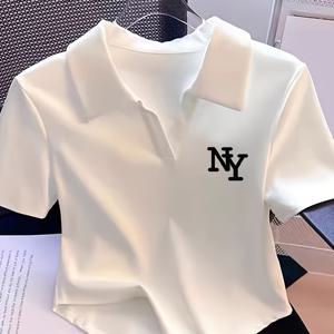 TEMU 여성용 섹시한 반팔 셔츠 - NY 레터 그래픽 블랙, 슬림핏 크롭탑, 여름 캐주얼 시크 블라우스, 일상 및 정장용, 다용도 의류, 부드러운 질감 원단, 사무실 복장, 트렌디 탑, 가벼운 소재, 스타일리시 탑, 패션 애호가