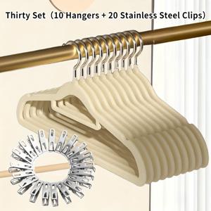 TEMU 30개 세트 (10개 옷걸이 + 20개 스테인리스 스틸 클립) 벨벳 미끄럼 방지 펠트 옷걸이, 벨벳 소재로 공간 절약, 고급스러운 질감, 스커트 및 드레스에 적합, 360도 회전 후크, 옷장 정리에게 완벽