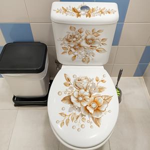 TEMU 판푸 럭셔리 화장실 장식 스티커 - 골드 & 화이트 우아한 플로럴 욕실 데코, 자체 접착 변기 덮개 및 시트 커버 - 홈, 스파, 호텔을 위한 고급스러운 리모델링 - 간편 적용 & 잔여물 없는 제거