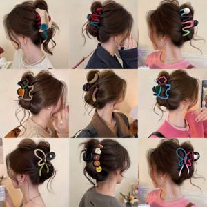 TEMU 9pcs 스타일리시 웨이브 컬러클래쉬 대형 헤어 클로 클립 - 여성용 업스타일 샤크 클립