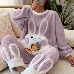 TEMU 여성용 겨울 플러시 세트 - 아늑한 토끼 & 당근 디자인, 긴소매, 세탁기 사용 가능, 귀여운 만화 동물 프린트, 부드러운 원단, 추운 날씨에 완벽, 캐주얼 웨어, 겨울 의류|파자마