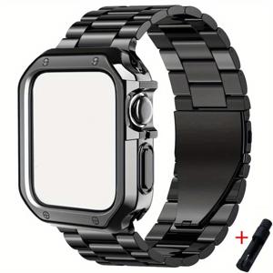 TEMU 2개/세트 스테인리스 스틸 시계 밴드 & TPU 보호 케이스, 애플워치 46mm 44mm/40mm 42mm/38mm 45mm 41mm 호환, 내구성 강한 세련된 교체용 밴드 iWatch Series 10 9 6 4 3 SE 7 8 액세서리