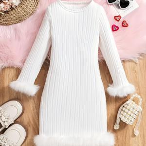 TEMU 여아용 우아한 화이트 플러시 슬리브 & 러플 헴 드레스 - 부드럽고 신축성 있는 원단, 긴소매 라운드넥 A라인 가을/겨울 드레스, 야외 활동에 적합