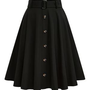TEMU 여성용 우아한 A라인 스커트 - 벨트 웨이스트 & 플레어 우산 헴, 사계절용 블랙 버튼 프론트 클로저 (신축성 없는 소재), 오피스, 웨딩 게스트 스커트 - 세탁기 사용 가능 A라인 드레스 스타일 스커트
