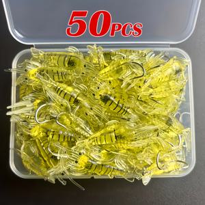 TEMU 50개 야광 소프트 낚시 미끼 (바늘 포함) - 리얼한 새우 & 웜 디자인, 4cm 혼합 색상 (녹색, 노란색, 분홍색), 배스, 잉어, 잉어용 - 야외 낚시 액세서리, 낚시 미끼 및 미끼, 생생한 미끼 디자인, 내구성 좋은 미끼 소재