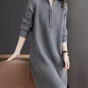 TEMU 여성용 우아한 스웨터 드레스 - 긴소매 지퍼 앞면, 루즈핏 미디 기장 단색 드레스, 가을/겨울 포멀 & - 여성 의류, 겨울 옷장, 하이넥 디자인, 고품질 스티칭, 스타일리시한 의상, 오피스룩, 롱원피스, 원피스 여성|여성원피스|드레스