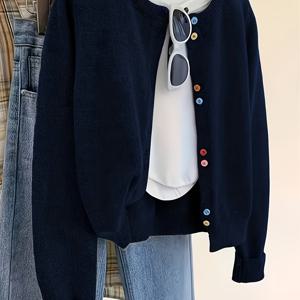 TEMU 여성용 빈티지 스타일 멀티컬러 버튼 프론트 가디건 스웨터 - 소프트 그레이와 버튼 (베이지//토프), 중간 신축성 라운드 넥 긴팔 재킷, 가을/겨울 레이어링용, 우아한 캐주얼 & 포멀 웨어