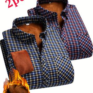 TEMU 2개 남성용 헤비웨이트 보온드레스셔츠 - 추운겨울을 위한 초방수, 버튼업 긴팔, 논스트레치 정장 & 캐주얼 사무실/파티/일상복 - 클래식블루/빨강, 브라운/베이지 체크패턴 - 세탁기 사용가능한층별옷차림물 - 포켓&구조형핏의 공식적인 의류 - 사무실,행사,캐주얼룩에 완벽한 내구성과 쉬운관리를 자랑하는 남성용 윈터블라우즈