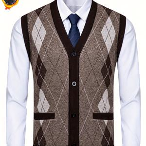 TEMU 남성용 안감 카디건 스웨터 베스트 - 겨울용 따뜻한 슬림핏 재킷, 민소매 버튼 프론트, 스탠드 칼라 & H-라인 실루엣, 비즈니스 캐주얼 또는 스마트 캐주얼 웨어용 올시즌 레이어링 (벨트 미포함)|가디건|민소매