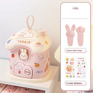 TEMU 1개 귀여운 페니 뱅크 & 데스크탑 장식 - 토끼 귀가 달린 잠금 가능한 돈통, 파스텔 핑크 & 베이지 PP 플라스틱 저금통, 방 장식, 파티 선물, 저축 계좌 선물 (Easy Lo 없음)