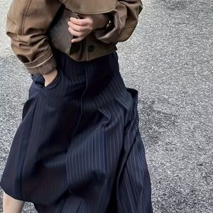 TEMU 우아한 하이웨이스트 A라인 미디 스커트 - 세로 줄무늬, 펜슬 스커트 디자인 (신축성 없음), 포켓 및 구조적 핏, 캐주얼 & 포멀 웨어 - 사계절 다용도 테일러드 스커트 (신축성 없는 원단)