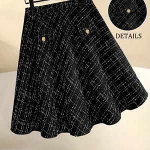 TEMU 플러스 사이즈, 플러스 사이즈 하운드투스 체크 A라인 스커트 - 우아한 스코티시 타탄 미디 길이, 플레어 우산 밑단, 와이드 스윙 스커트, 오피스 & 세미 포멀 웨어, 세탁기 사용 가능 (블랙/화이트/그레이)