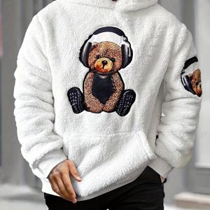 TEMU 남성용 아늑한 플리스 안감 후드티, 귀여운 곰 & 헤드폰 그래픽 - 가을/겨울용 캐주얼 긴팔 풀오버, 흰색 후드가 있는 블랙, 야외 활동 및 캐주얼 의상에 완벽, 겨울 후드티, 두꺼운