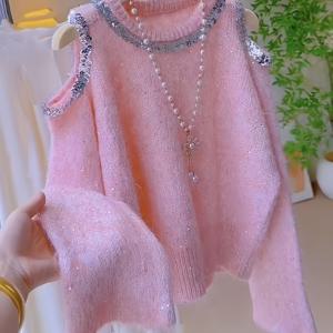 TEMU 여성용 우아한 오프숄더 스웨터 - 소프트 핑크 시크 풀오버, 긴 소매 라운드넥 스웨터, 가벼운 여성용, 가을 겨울 일상 & 정장 의상 - 한국 패션 스웨터, 겨울 워드로브, 스타일리시 니트웨어, 편안한 소재, 트렌디한 아웃핏