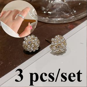 TEMU 3피스 미니 모조 진주 귀걸이 & 반지 세트 - KC 골드 도금 우아한 빈티지 주얼리, 트리플 모조 진주 데인티 스터드 & 매칭 링, 웨딩, 파티, 캐주얼 복장, 특별한 날 (미니어처 모조 진주 주얼리 선물)