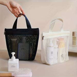 TEMU 지퍼 클로저가 있는 가벼운 메시 여행용 토트백 - 통기성 좋은 휴대용 세면도구 정리함, 해변, 수영, 헬스장에 적합, 핑크/베이지/블랙 캐주얼 스타일, 트렌디한 상단 손잡이, 여행 필수품, 수영용, 헬스장용, 해변용