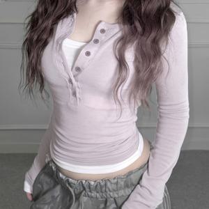 TEMU 여성 Y2K 컬러 블록 버튼업 크롭 탑 - 긴소매, V넥, 라이트 핑크 & 화이트, 캐주얼 가을/겨울 웨어, 혼방, 세탁기 사용 가능, 캐주얼 웨어 탑|V넥 탑| 혼방|블라우스|옷|여성의류