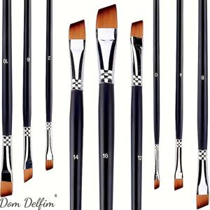 TEMU 9개입 전문가용 납작 앵글 페인트 브러쉬 세트 (긴 나무 손잡이) - 합성 나일론 모, 아크릴, 유화, 수채화 페인팅에 적합, 내구성 및 다용도, 및 공예품, 페인팅 용품, 예술적 디자인, 고품질 브러쉬