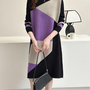 TEMU 오버사이즈 겨울 드레스 - 롱 슬리브 A라인 맥시 코트 드레스 (네이비/레드/베이지/화이트/블랙/그레이 기하학 패턴), 라운드넥 튜닉, 웨딩 & 세미포멀 이벤트용, 루즈핏 스웨터 드레스 (벨트 미포함)