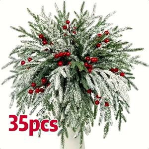 TEMU 35개 세트 리얼리스틱 인공 노퍽 소나무 가지 잎사귀 - 빨간 열매 & 눈송이 가지, 35cm 내구성 플라스틱 실내/야외 크리스마스 트리 장식, 리스 만들기, 꽃병 채우기, DIY 겨울 휴일 장식, 연중 크리스마스 장식