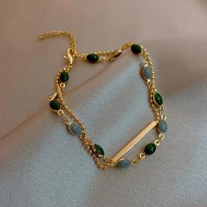 TEMU 1개 우아한 고급 이중 레이어 기하학적 그린 & 회색 스톤 팔찌 - 빈티지 스타일 라운드 비즈 디자인, 골드 톤 구리, & 선물용으로 완벽, 파티 & 공식 행사에 이상적, 파티 액세서리, 세련된 스타일