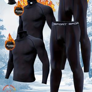 TEMU 남성용 플러시 보온 내의 세트 4pcs - 24시간 보온, 고탄력 풀지퍼 스타일 하이넥 팬티, 스포츠 웨이스트밴드, 겨울 스포츠 및 추운 날씨용 베이스 레이어, 스키, 스노보드, 야외 활동용 (손세탁 가능)