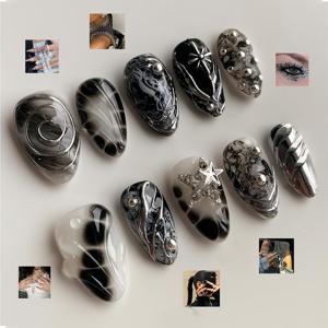 TEMU 10개 고딕 인조 네일 - 3D 별 & 라인스톤 장식 미디엄 아몬드 모양, 글로시 마감, 파티, 휴가 및 일상 사용을 위한 재사용 가능한 끈끈이 네일, 네일 아트 용품|네일재료