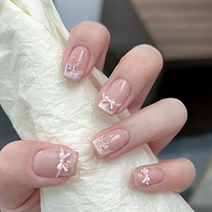 TEMU 10개입 숏 스퀘어 프레스온 네일 - 손발 겸용, 3D 리본 스톤 글리터 네일 아트, 간편한 사용, 제거 불필요, 데이 선물