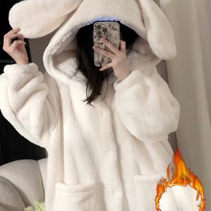 TEMU 1개 여성용 겨울용 두꺼운 후드 로브, 토끼 귀 & 플러시 안감 - 포근한 플러시 충전재 긴 잠옷, 부드러운 파스텔 핑크 &, 루즈핏 후드 잠옷, 홈웨어 & 캐주얼 웨어, 귀여운 겨울 옷, 발랄한 디자인|여성원피스