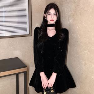 TEMU 여성용 우아한 블랙 벨벳 첫사랑 드레스 - 스퀘어넥 긴팔 A라인 파티 & 포멀 이브닝 가운, 손세탁 가능, 올 시즌 럭셔리 포멀 복장 (크리스마스, 새해, 발렌타인데이) - QOQ 럭셔리 드레스 컬렉션, 귀여운 드레스