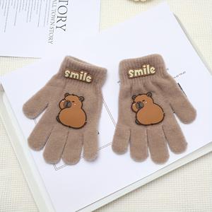 TEMU 1개 카피바라 겨울 따뜻한 풀핑거 만화 두꺼운 장갑, 웃는 얼굴 & 하트 컷아웃의 귀여운 곰 디자인, 추운 날씨를 위한 탄성 있는 핏, 귀여운 장갑, 재미있는 디자인, 튼튼한 장갑, 따뜻한 장갑, 추운 날씨 장갑, 쇼핑객