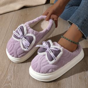 TEMU 여성용 우아한 리본 겨울 슬리퍼 - 부드러운 원단 상단 & 밑창, 추운 바닥에 따뜻한 실내 신발, 크리스마스/선물용 슬립온
