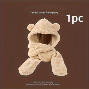 TEMU 곰귀 가을 겨울 보온 모자, 두꺼운 방한 비니 스카프와 장갑 세트, 패셔너블 다용도 겨울용 귀여운 귀보호 모자, 휴일에 적합