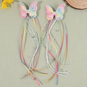 TEMU 2개 세트 - 반짝이 나비리본 머리핀, 긴 술장식과 무지개색상의 소녀용 헤어바레트, 액세서리 & 선물
