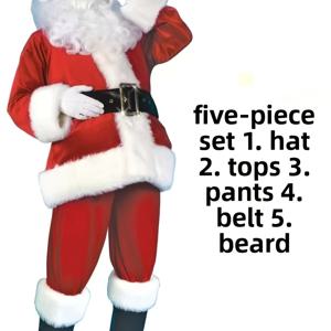 TEMU 성인용 M-4XL 레드 플러시 산타 클로스 코스튬 5pcs 세트 (화이트 트림 포함) | 헤비웨이트 재킷, 바지, 모자, 수염, 벨트 - 골든 버클과 블랙 부츠 모양의 발이 있는 클래식 풀 세트 - 크리스마스 및 새해 축하 행사에 적합