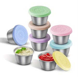 TEMU 2/4/8X2.4온스 샐러드 드레싱 용기, 누출 방지 실리콘 뚜껑이 있는 스테인리스 스틸 소스 컵, 덮개가 있는 조미료 용기, 도시락, 여행용 재사용 가능한 소스 용기