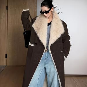 TEMU 여성용 인조 퍼 롱 코트 - H라인 레귤러 핏 스플릿 헴, 기계 세탁 가능 캐주얼 & 포멀 트렌치코트, 우아한 실루엣, 내구성 있는 구조, 스타일리시 커뮤터웨어, 레이어링 필수 아이템, 고급 외투, 오피스 프로페셔널용